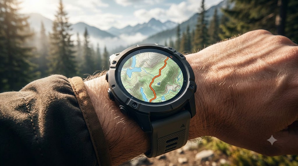 Close-up macro shot of a rugged sports smartwatch mounted on an athlete's wrist navigating harsh mountainous conditions during outdoor field testing.