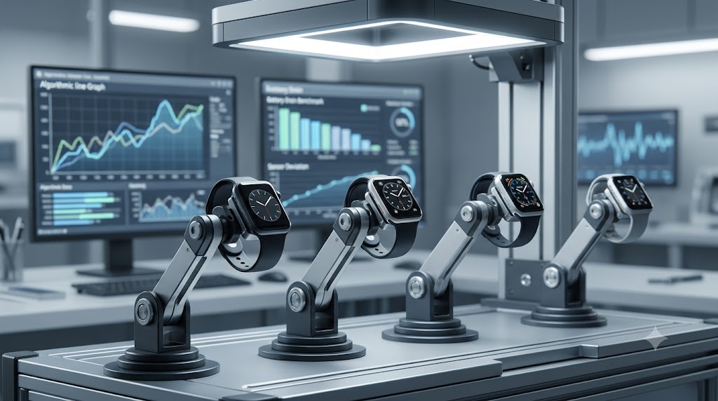Independent cleanroom laboratory testing setup showing multi-axis oscillation calibration systems verifying optical biometric heart rate sensors.